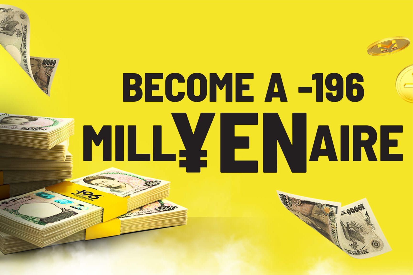 Stacks of Japanese yen bills are prominently displayed against a bright yellow background, with an engaging message about becoming a millionaire. Coins are flying around the scene, featured in the Jim Beam MillYENaire Sweepstakes