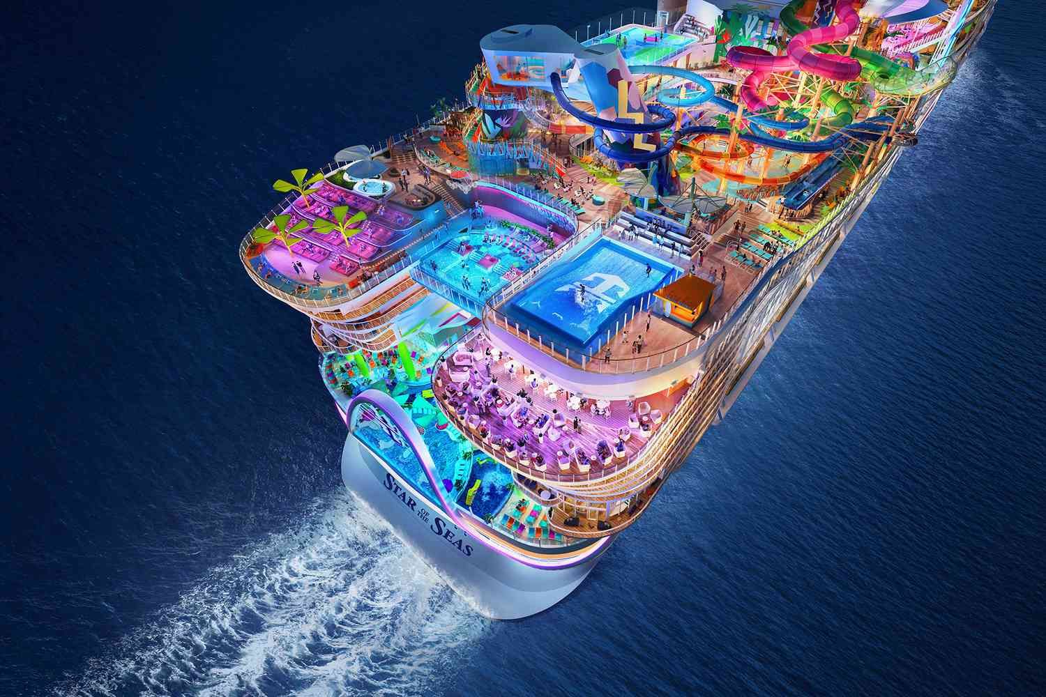 A vibrant cruise ship features multiple pools, water slides, and leisure areas, all illuminated with colorful lights, sailing through deep blue waters at night, featured in the Miracle Made Cruise Sweepstakes