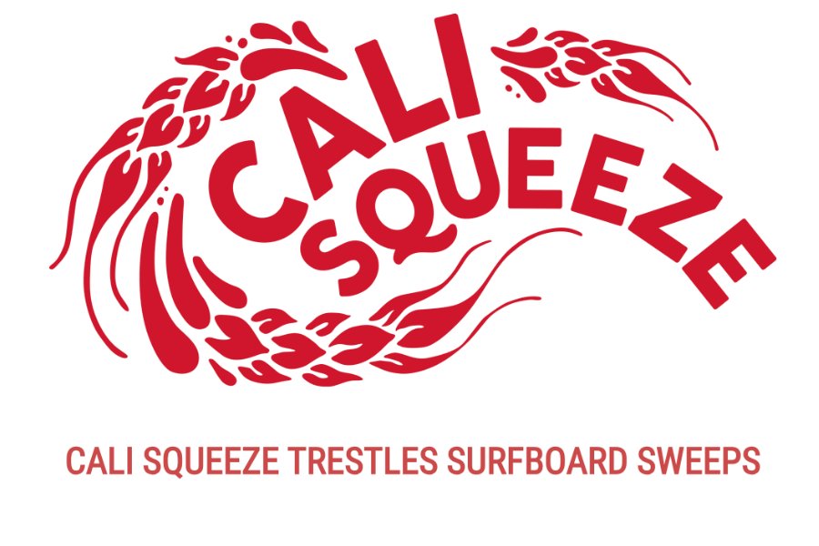 A bold, stylized graphic features the text "CALI SQUEEZE" in red, surrounded by flowing lines, showcasing a vibrant, energetic design related to surfing activities, featured in the FIRESTONE WALKER CALI SQUEEZE TRESTLES SURFBOARD SWEEPSTAKES