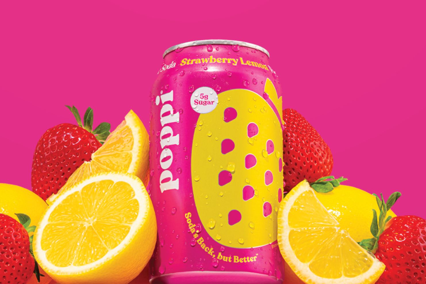 A vibrant pink background highlights a can of strawberry lemonade soda, surrounded by fresh strawberries and lemon slices, showcasing a colorful and refreshing beverage, featured in the poppi $1,000 Gift Card Sweepstakes