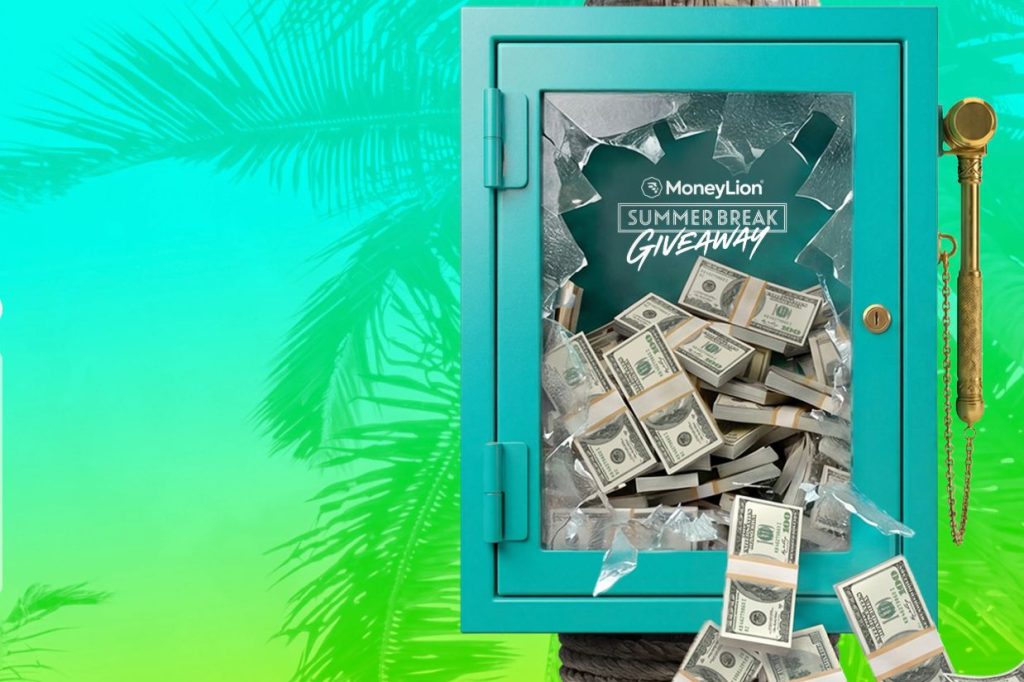 A turquoise safe with shattered glass is overflowing with bundles of cash, set against a vibrant green background with palm leaves, evoking a summer giveaway theme, featured in the MoneyLion 2026 Summer Break Giveaway