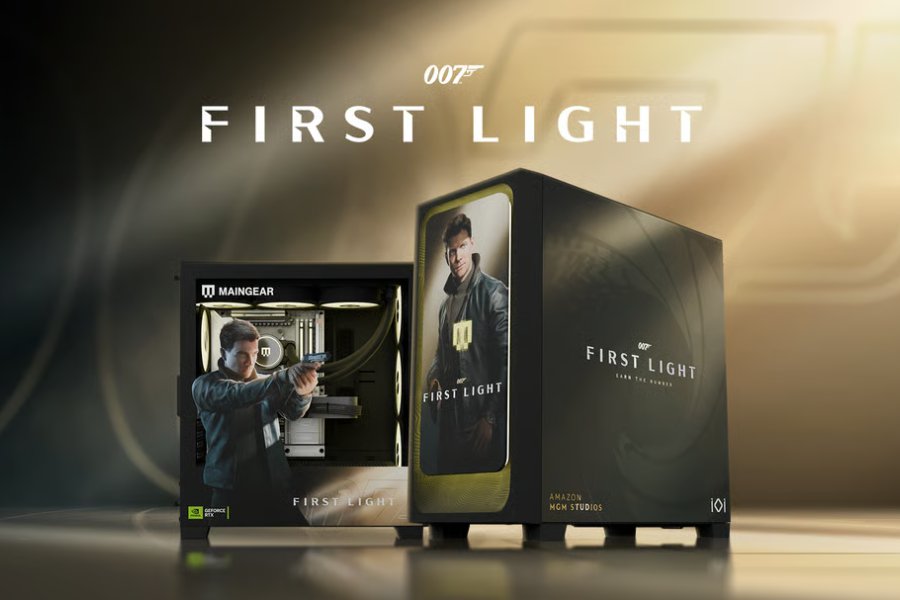 A sleek gaming PC features a character from a spy-themed game, positioned next to a decorated box labeled "FIRST LIGHT," set against a stylish, gradient background, featured in the MAINGEAR + NVIDIA 007 First Light MG-1 Gaming PC Giveaway