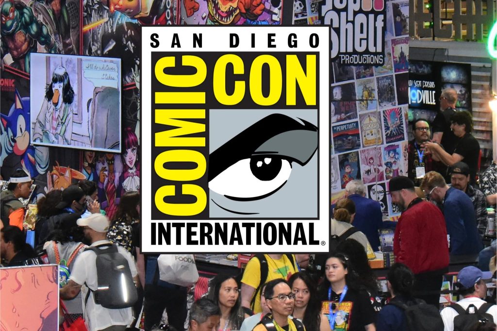 A bustling comic convention scene showcases attendees exploring booths filled with vibrant artwork, collectibles, and animated displays, capturing the excitement of fan culture, featured in the Hulu Comic Con Sweepstakes