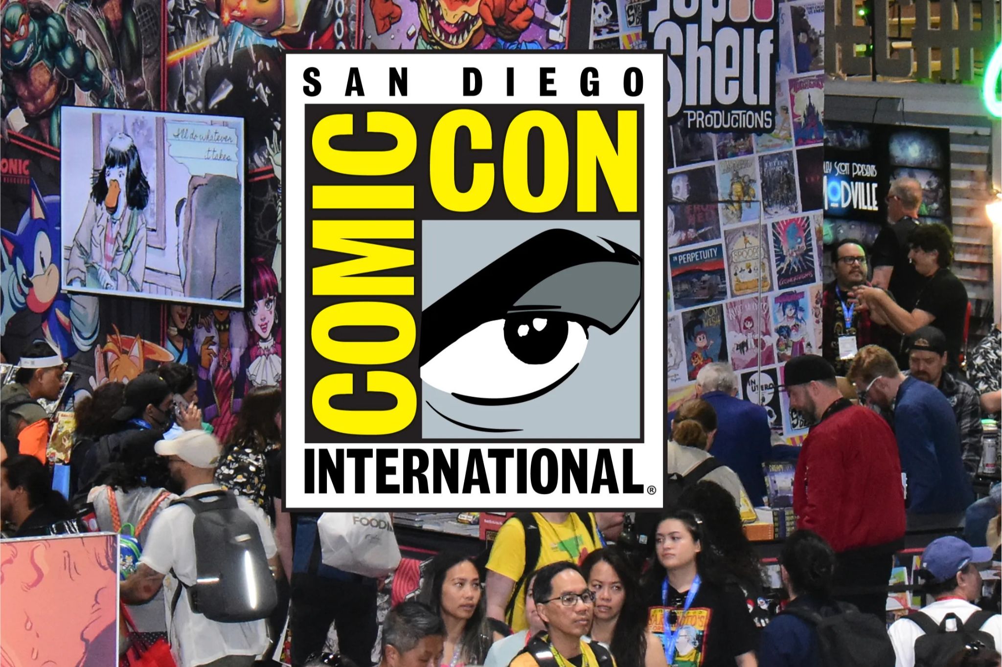 A bustling comic convention scene showcases attendees exploring booths filled with vibrant artwork, collectibles, and animated displays, capturing the excitement of fan culture, featured in the Hulu Comic Con Sweepstakes