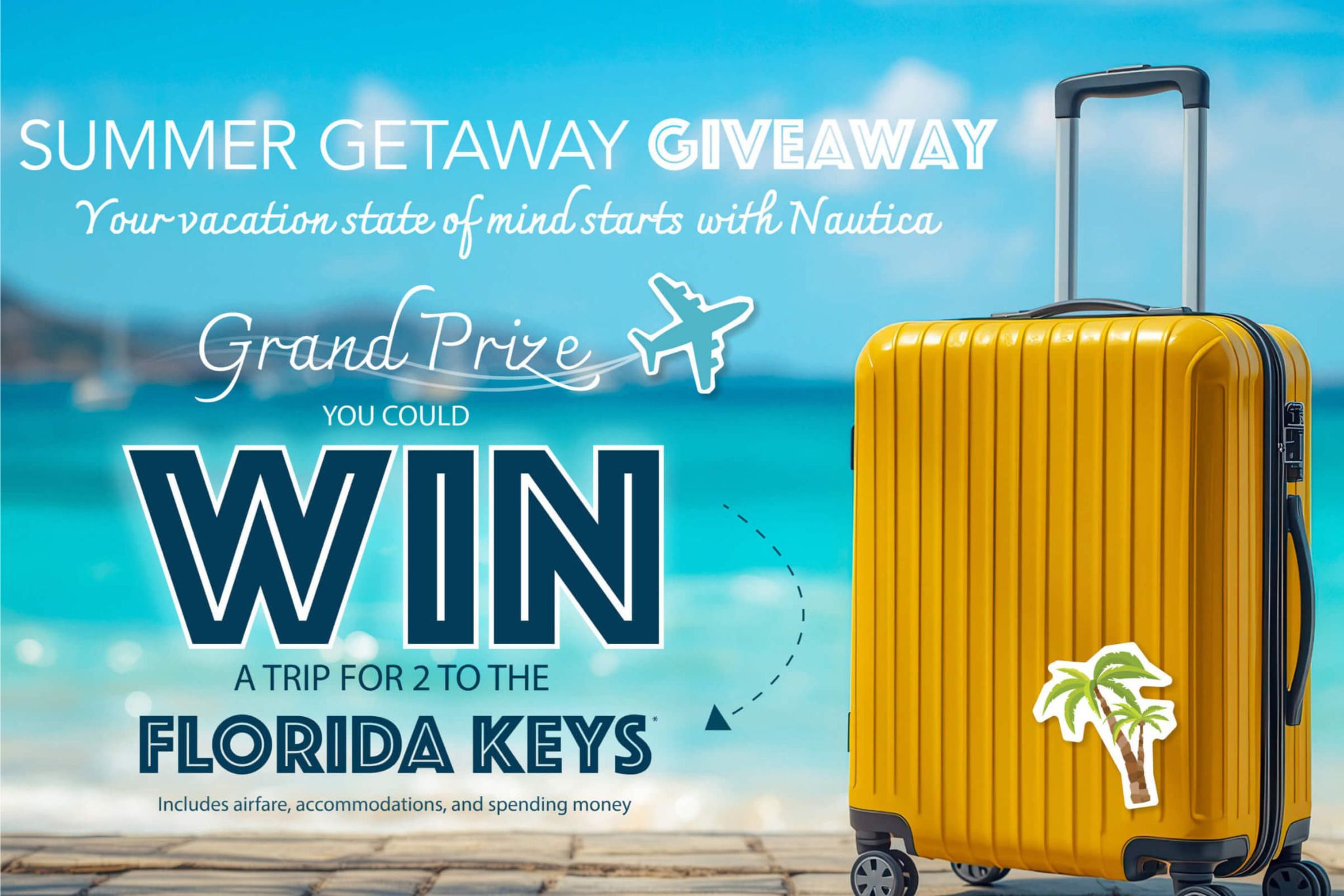A vibrant yellow suitcase stands on a wooden platform with a scenic beach and turquoise water in the background, suggesting a tropical getaway and adventure, featured in the Nautica Florida Keys Sweepstakes