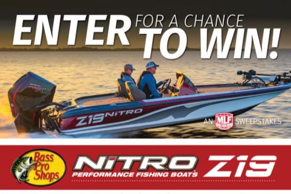 A fishing boat glides across calm water at sunset, with two people on board, enjoying the outdoor experience. The scene captures a moment of leisure and adventure on the water, featured in the 2026 MLF Bass Pro Shops Z19 Sweepstakes