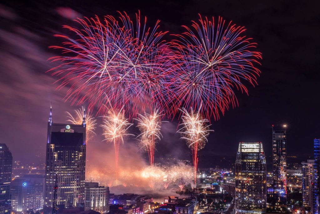 Bright fireworks burst in the night sky above a city skyline, illuminating tall buildings and creating a vibrant display of red, white, and blue colors against a dark backdrop, featured in the Visit Music City July 4th Trip Sweepstakes