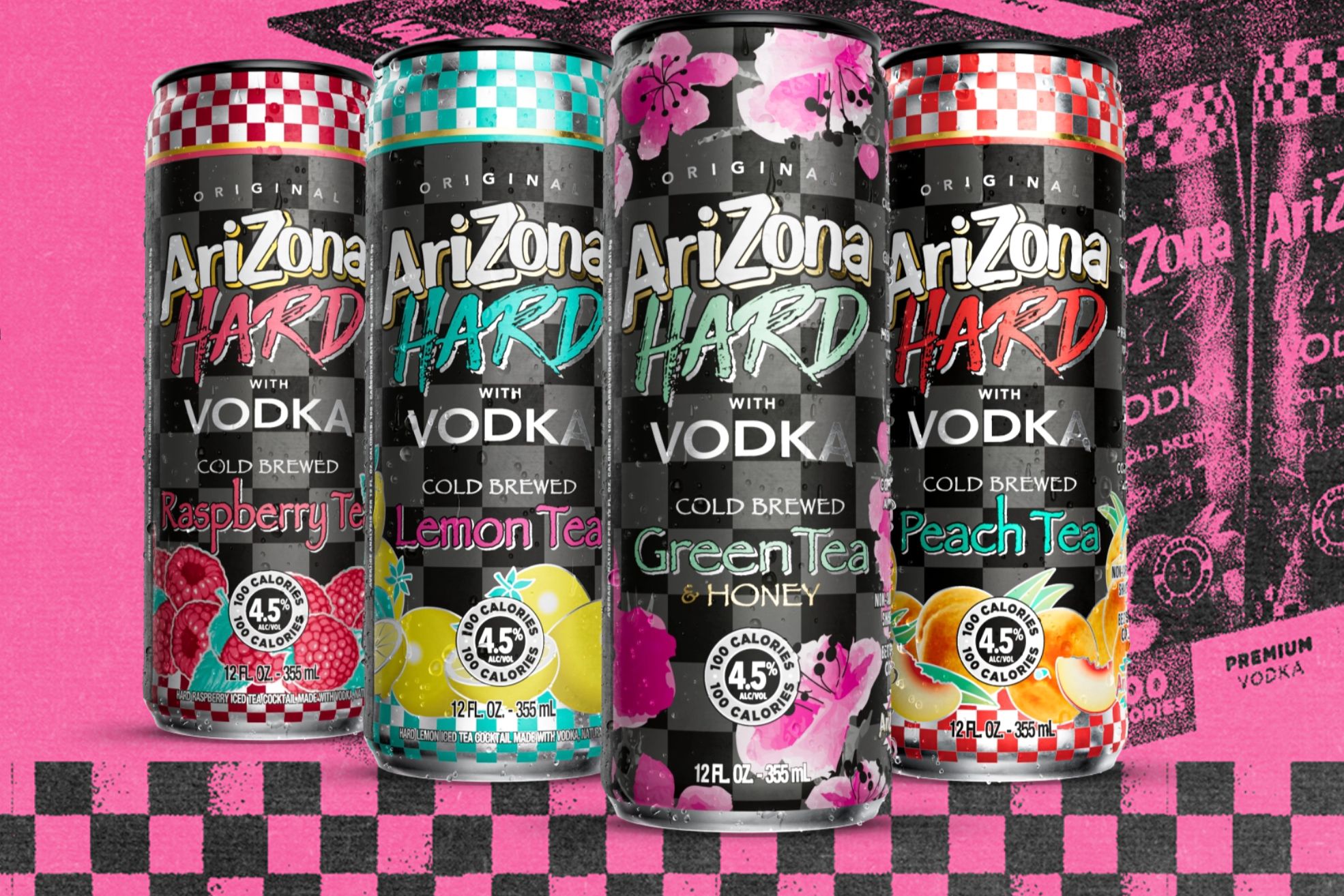 Four colorful cans of cold-brewed tea with vodka are arranged against a vibrant pink and checkered background, showcasing flavors of raspberry, lemon, green tea, and peach, featured in the Arizona Hard Vodka Merchandise Sweepstakes
