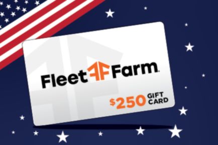 A gift card prominently displays a $250 value with a dark background and star accents, alongside a stylized American flag in the top corner, featured in the Fleet Farm $250 Gift Card Sweepstakes