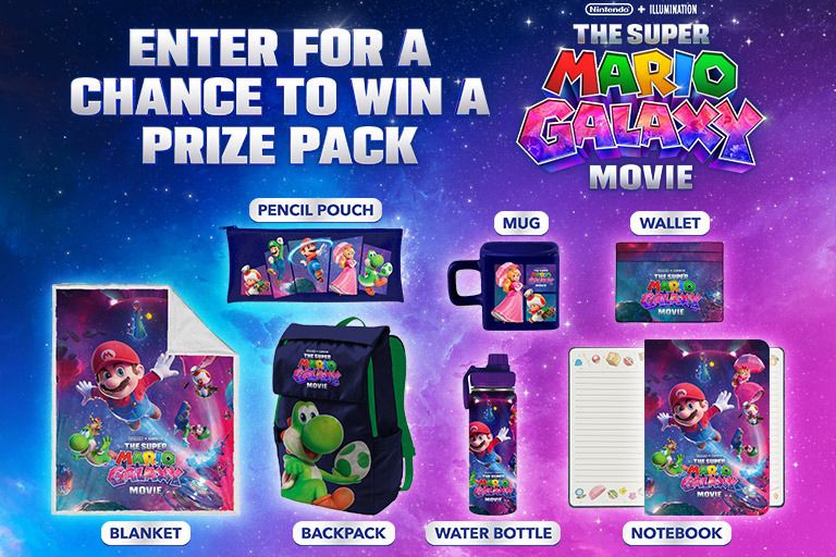 A colorful display showcases various merchandise items inspired by a popular video game movie, including a blanket, backpack, mug, water bottle, and notebook, all featuring beloved characters, featured in the Super Mario Galaxy Movie Sweepstakes