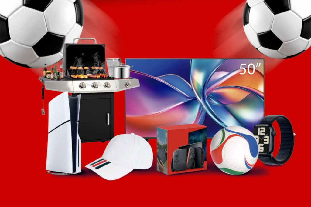 A vibrant display features a barbecue grill with sizzling food, a 50-inch TV, a gaming console, a hat, a smartwatch, and a soccer ball, all set against a bold red background with flying soccer balls, featured in the Juntos Podemos Sweepstakes