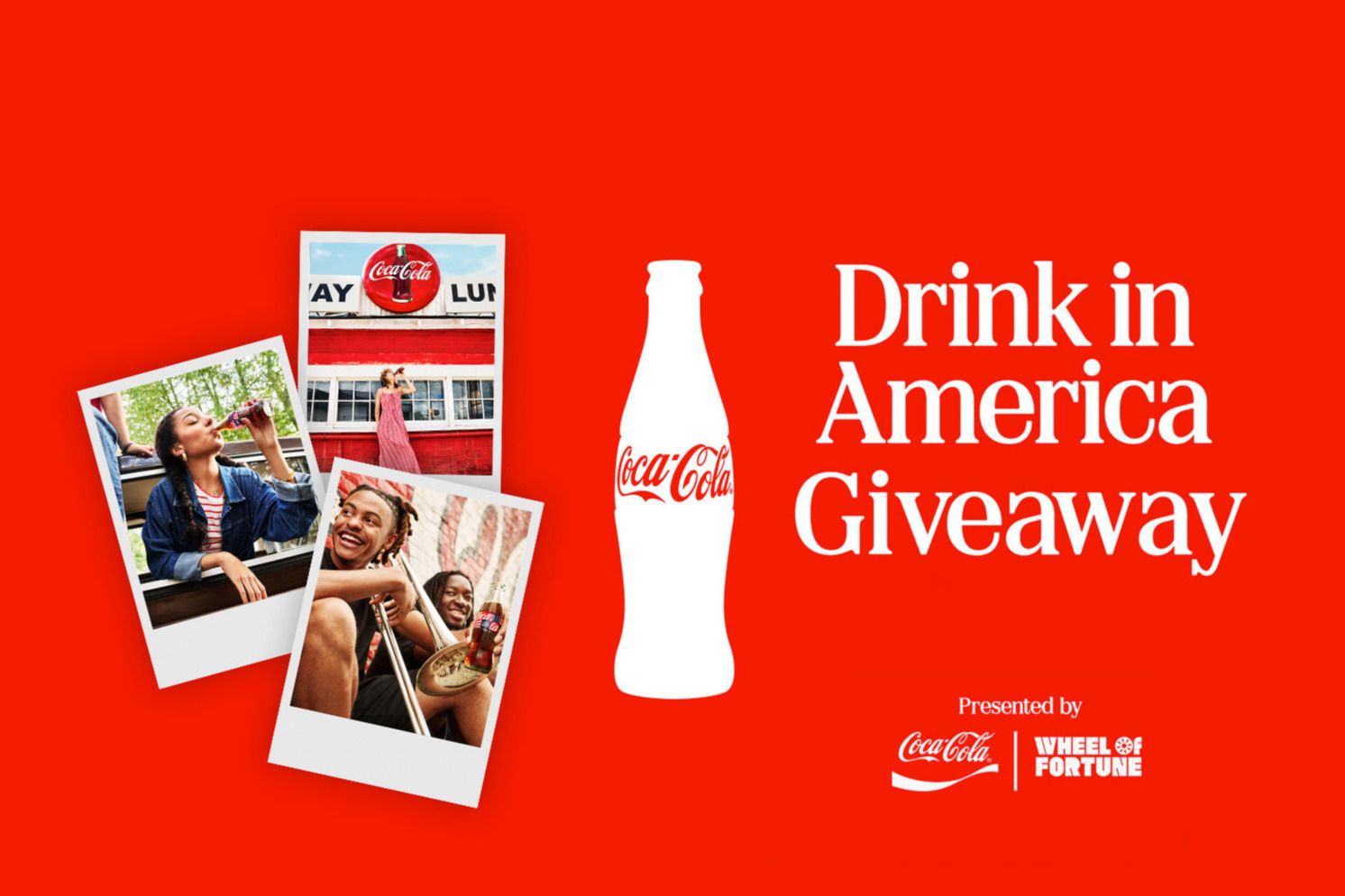 Three polaroid photos feature diverse individuals enjoying beverages, set against a vibrant red background with promotional text. One person is drinking, while others laugh, featured in the Drink in America Giveaway