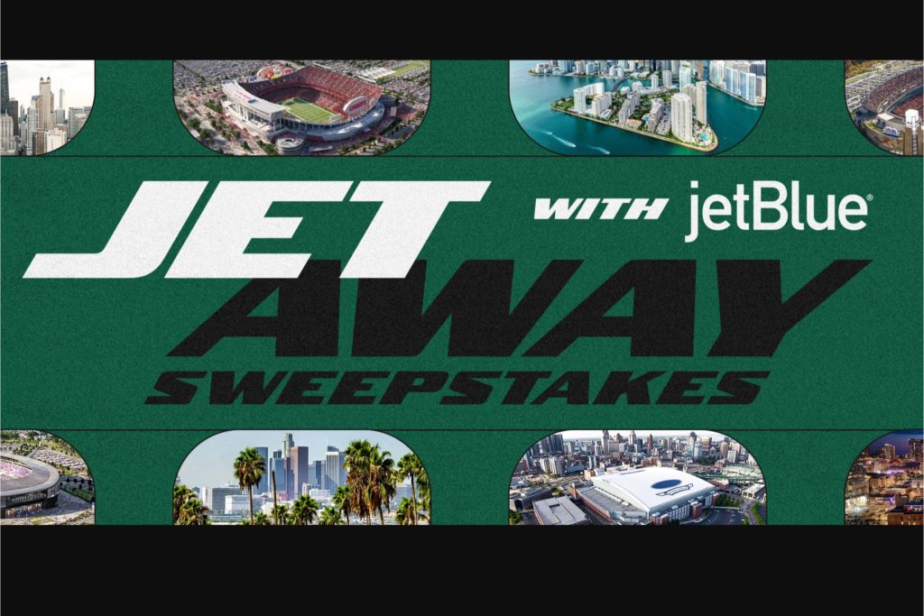 A vibrant graphic featuring a green background with circular images of city skylines and sports venues, promoting a travel sweepstakes event, featured in the New York Jets JetBlue Sweepstakes