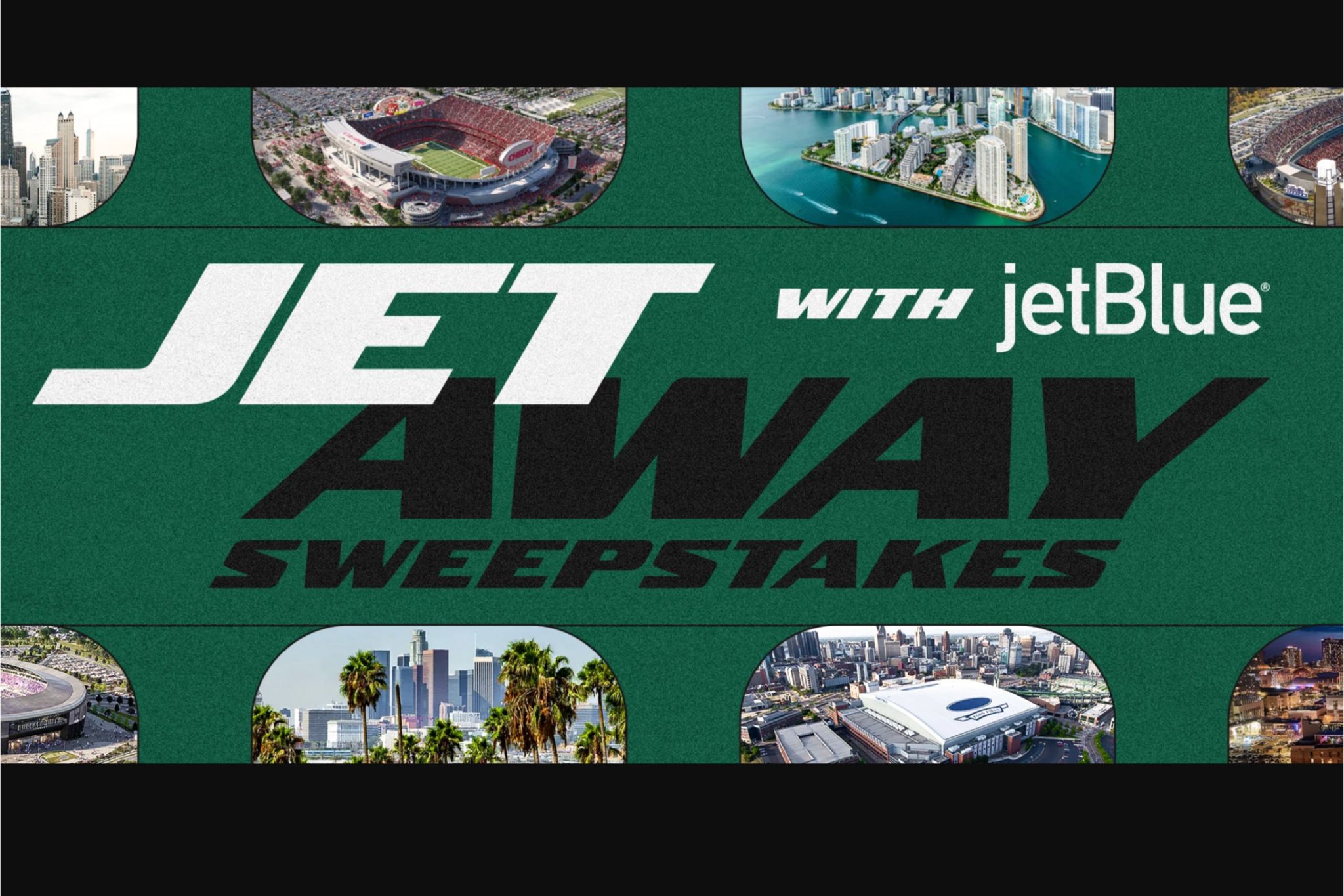 A vibrant graphic featuring a green background with circular images of city skylines and sports venues, promoting a travel sweepstakes event, featured in the New York Jets JetBlue Sweepstakes