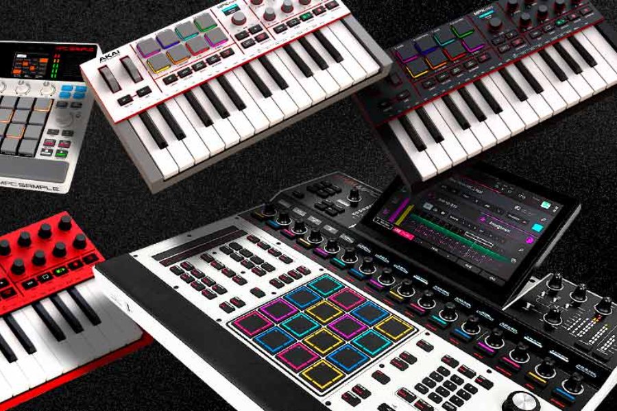 A dynamic arrangement of music production equipment featuring keyboards, pads, and a touchscreen interface, all set against a dark background, showcasing various controls and features, featured in the Guitar Center Beat Lab Sweepstakes
