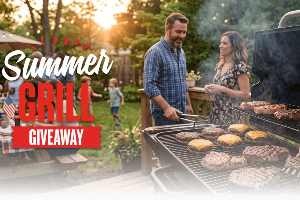 A man and woman chat joyfully by a grill filled with sizzling steaks and burgers during a summer gathering, while children play in a sunlit backyard, featured in the IGA Grill Sweepstakes