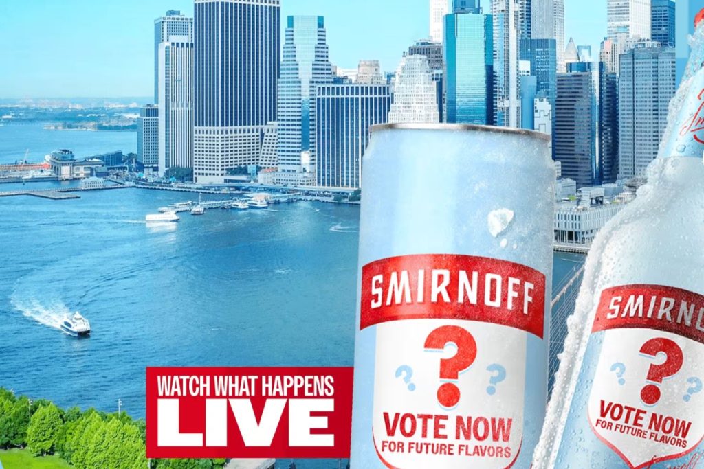 A scenic view of a city skyline alongside a waterfront, featuring a chilled can of a beverage with a question mark design, suggesting future flavor voting, featured in the Smirnoff Ice The Fan Edit Sweepstakes