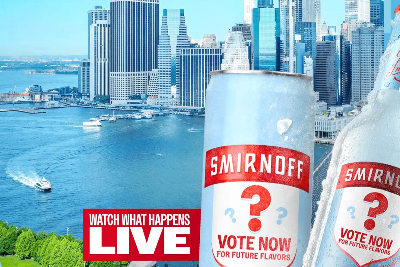 A scenic view of a city skyline alongside a waterfront, featuring a chilled can of a beverage with a question mark design, suggesting future flavor voting, featured in the Smirnoff Ice The Fan Edit Sweepstakes
