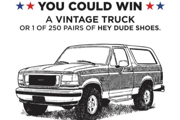 A vintage truck is prominently displayed, highlighting a giveaway opportunity for either the truck or a pair of shoes. The design features patriotic colors in the background, featured in the Garage Beer Vintage Truck Sweepstakes
