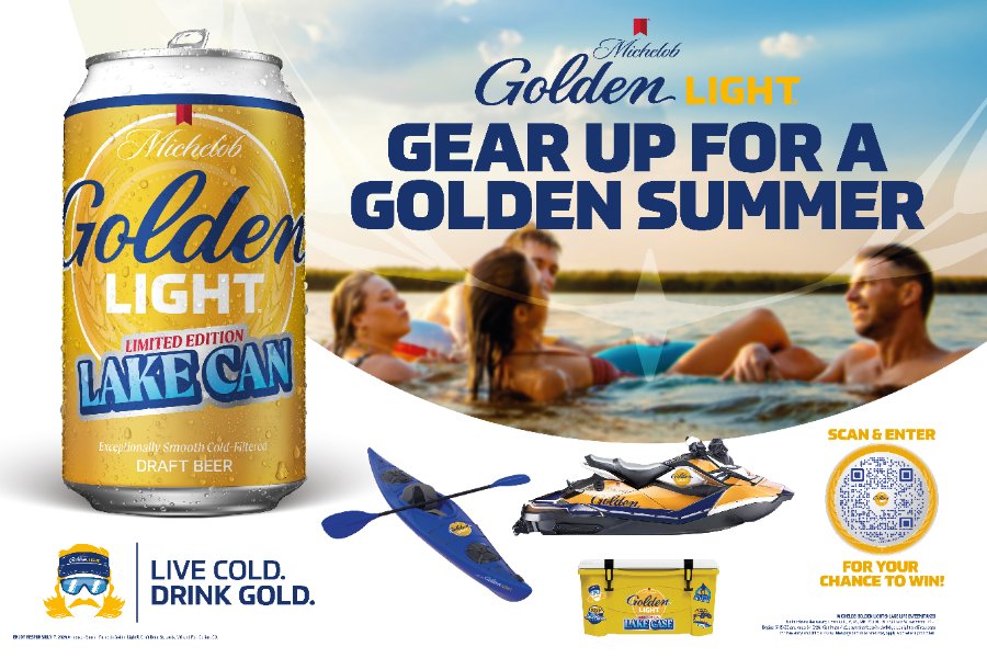 A can of Michelob Golden Light showcases a lively summer scene at the lake, with friends enjoying the water and engaging in outdoor activities, creating a festive atmosphere, featured in the Michelob Golden Light Lake Life Sweepstakes