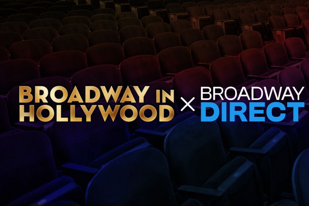 A dimly lit theater showcases rows of empty seats, creating an inviting atmosphere for a theatrical performance. Decorative text overlays promote an event collaboration, featured in the Broadway Direct Ultimate Broadway Summer Sweepstakes