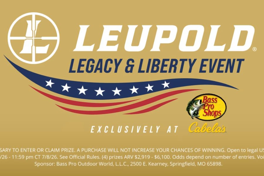 A promotional banner highlights the "Leupold Legacy & Liberty Event," showcasing patriotic red, white, and blue designs with stars and a bass fish logo to attract outdoor enthusiasts, featured in the LEUPOLD LEGACY & LIBERTY EVENT GIVEAWAY