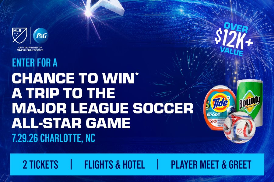 A promotional graphic featuring a soccer ball, detergent, and paper towels over a starry background, announcing a chance to win a trip to the Major League Soccer All-Star Game, featured in the P&G x MLS All-Star Game Sweepstakes