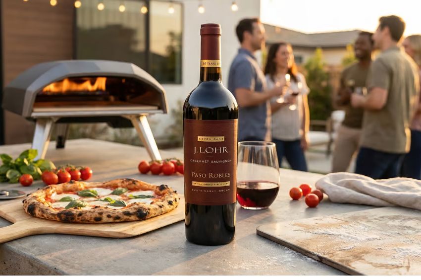 A bottle of red wine stands beside a pizza on a wooden board, with fresh tomatoes and basil nearby. Friends gather in the background, enjoying a social outdoor gathering, featured in the J. Lohr Seven Oaks Summer Giveaway