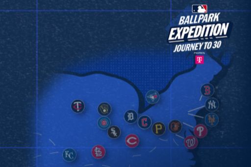 A colorful map highlights various MLB ballparks across the United States, with team logos marking locations, emphasizing the journey to visit all 30 stadiums, featured in the MLB Journey to 30 Sweepstakes