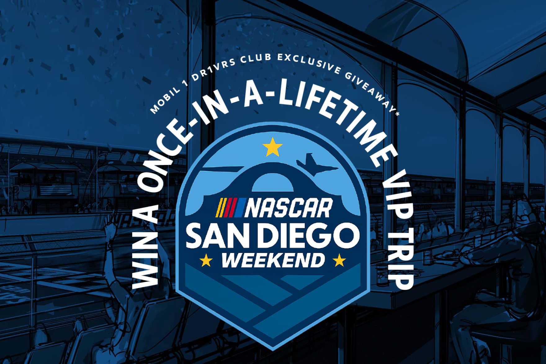 A vibrant graphic features a circular emblem promoting a VIP trip for NASCAR's San Diego weekend, surrounded by a celebratory backdrop and lively audience, featured in the ExxonMobil Admirals Club VIP Sweepstakes