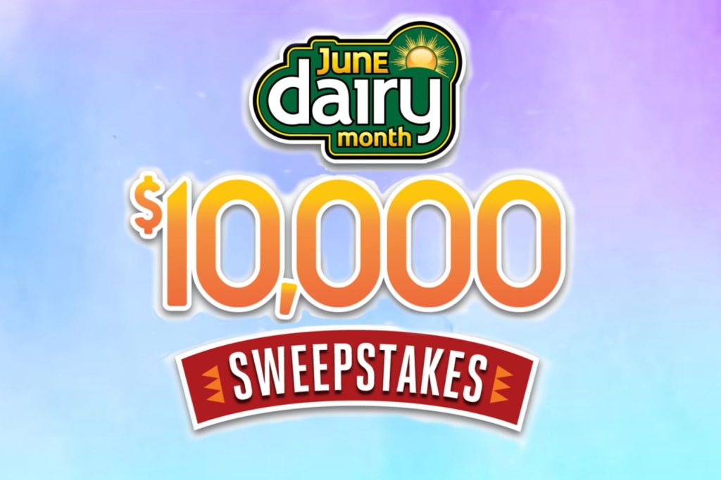 A colorful graphic promoting a $10,000 sweepstakes for June Dairy Month, featuring vibrant text and a sun icon, set against a soft pastel background, featured in the June Dairy Month $10,000 Sweepstakes
