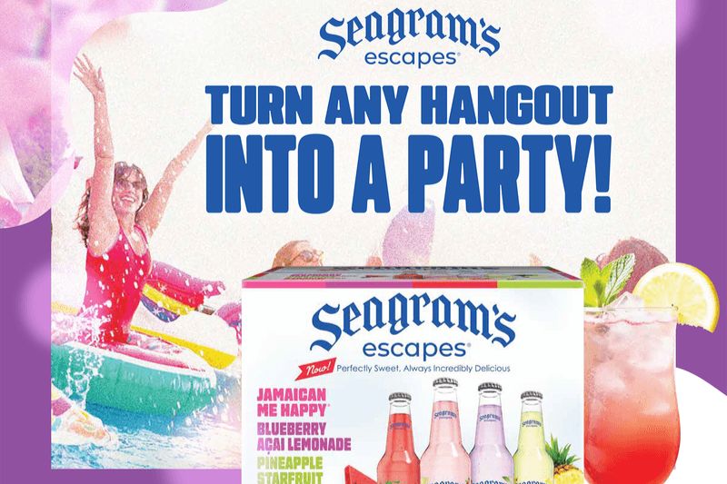 A vibrant scene shows two women splashing in water on colorful inflatables, with a display of Seagram's Escape beverages and a refreshing drink nearby, suggesting a festive atmosphere, featured in the Seagrams Escapes Party Essentials Sweepstakes