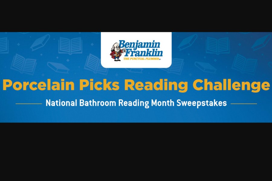 A vibrant blue banner promotes the Porcelain Picks Reading Challenge, highlighting a playful theme for National Bathroom Reading Month with illustrated books in the background, featured in the Benjamin Franklin Plumbing Bathroom Refresh Sweepstakes