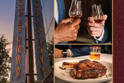 A sunset scene features a sign with "ENVY" while two individuals toast with glasses. A delicious steak dish with garnish is presented on a plate, completing the culinary experience, featured in the Sullivan's Steakhouse Father's Day Sweepstakes