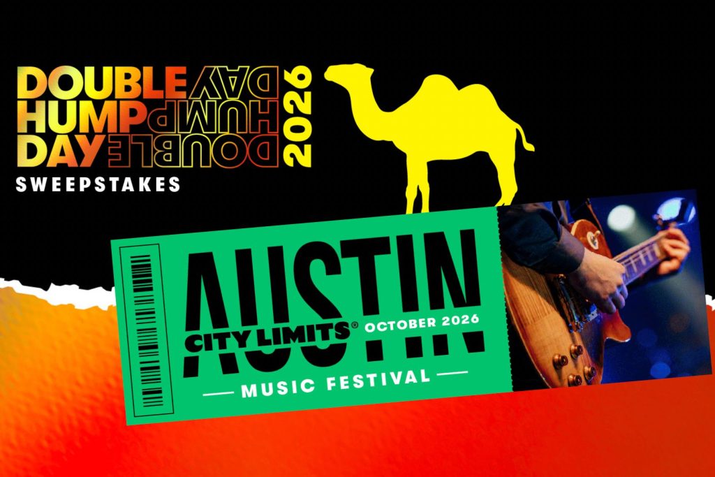 A vibrant graphic features a camel, hints of a music festival, and a guitar player. It promotes a sweepstakes event related to a music festival in Austin for October 2026, featured in the Camel Double Hump Day 2026 Promotion