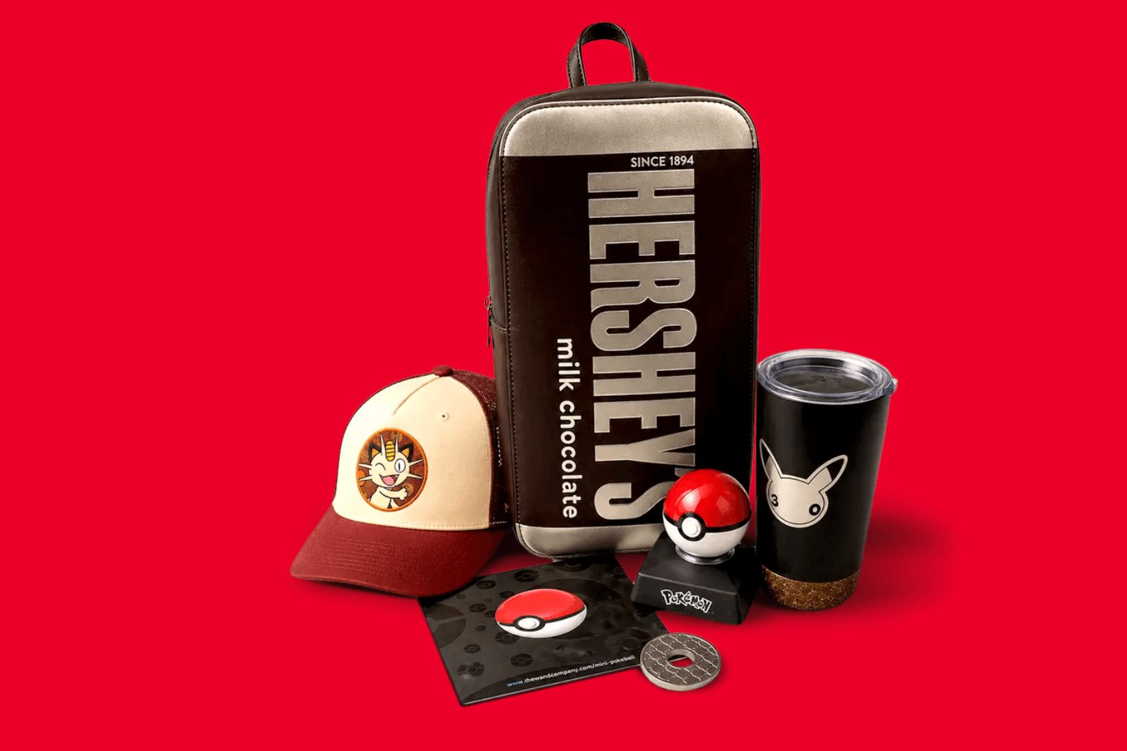 A collection of themed merchandise features a backpack, cap, Pokéball, cup, and a notebook, all set against a bold red background, featured in the Hershey Pokemon Sweepstakes