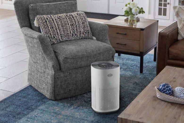 A cozy living room features a textured gray armchair with a patterned cushion, an air purifier on the floor, and a wooden coffee table adorned with a floral arrangement, featured in the Clorox Medium Room True HEPA Air Purifier Sweepstakes